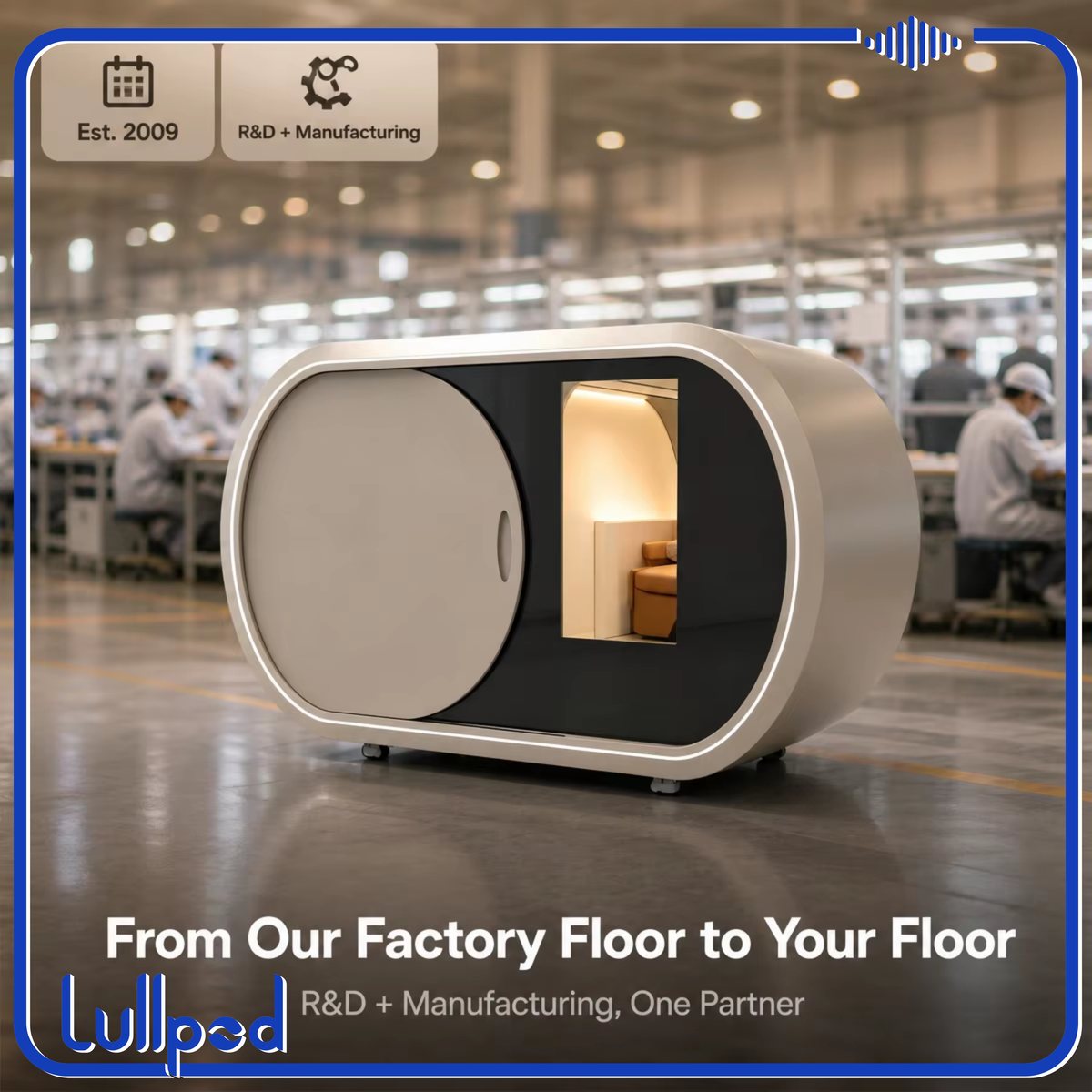 Oval sleep pod with sliding glass door
